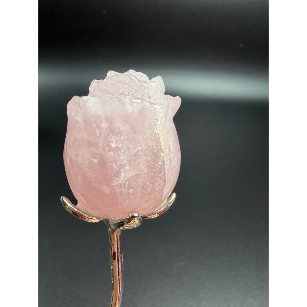Hand Carved Rose Quartz Flower Pink Stone Healing Crystal Silver Tone Stem 6" - Picture 5 of 9